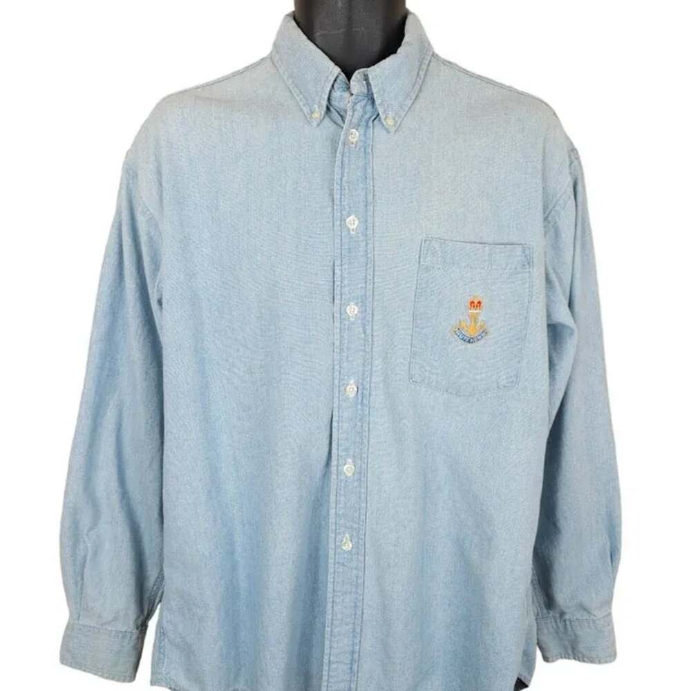 Vintage Ruff Hewn LS Mens MEDIUM Denim Shirt Light Blue Crest- Made In USA